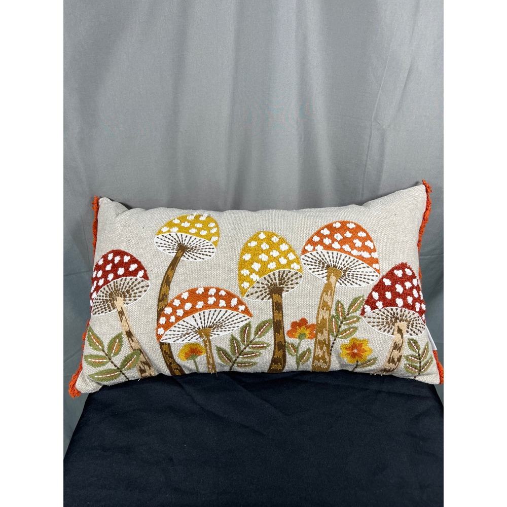 Well Dressed Home Mushroom Embroidered Lumbar Pillow Duck Feather 14x28 Orange